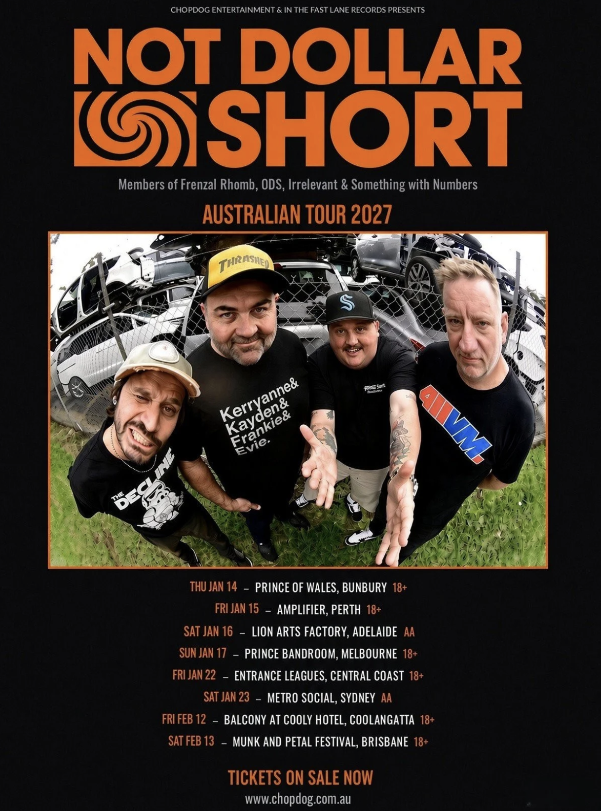 Not Dollar Short Australian Tour 2027 poster featuring band photo and live show dates for Adelaide, Melbourne, Sydney, Perth, and Brisbane.